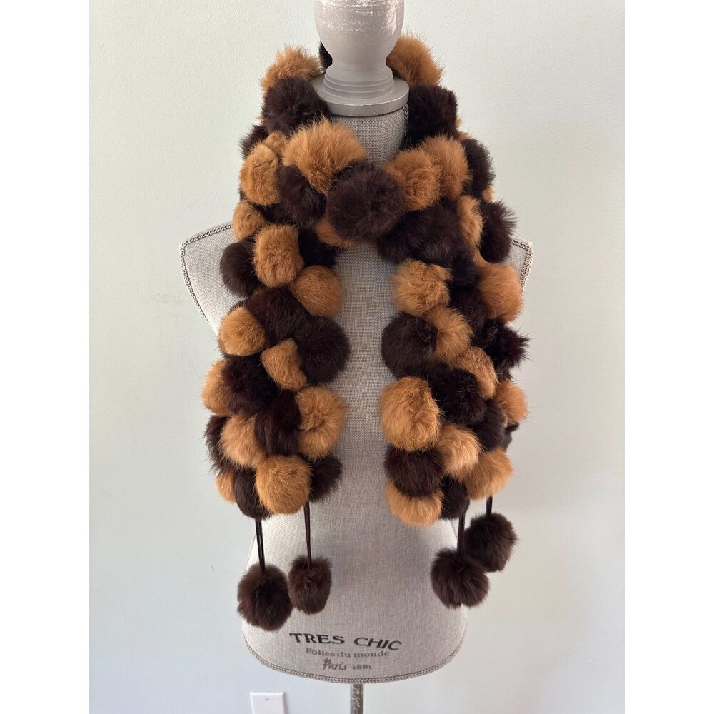 Vintage Real Fur Pom Pom Scarf Brown Tan Stole Wrap Tiered Fringe Winter Luxury
